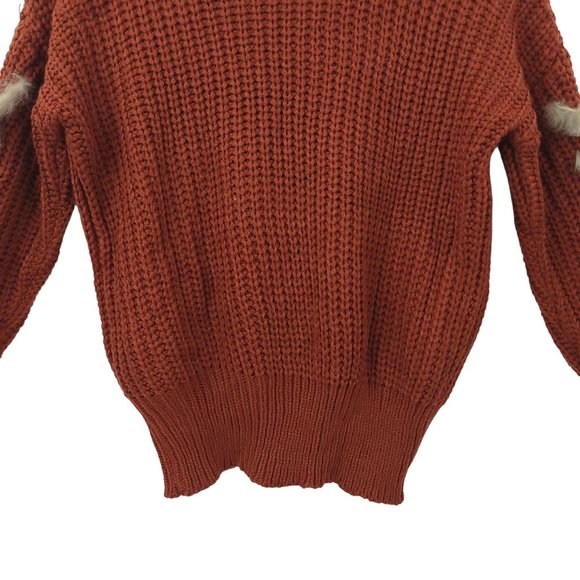 Solution Cable Knit V Neck Sweater One Size Long Sleeve Brown Faux Fur Trim - Picture 14 of 16